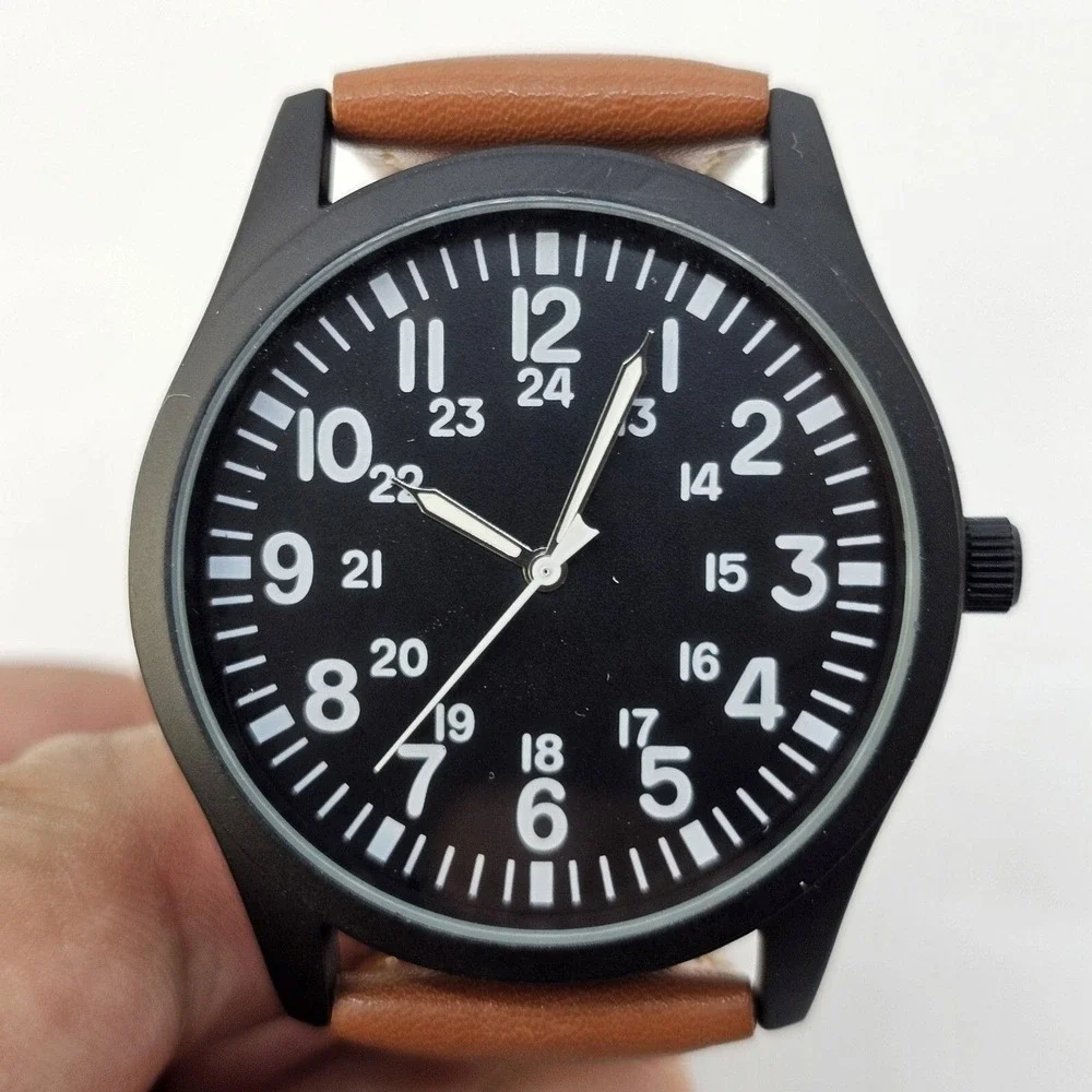 Field Men's Watch 42MM Easy Read Black Dial Black Case Brown Leather Band Straps